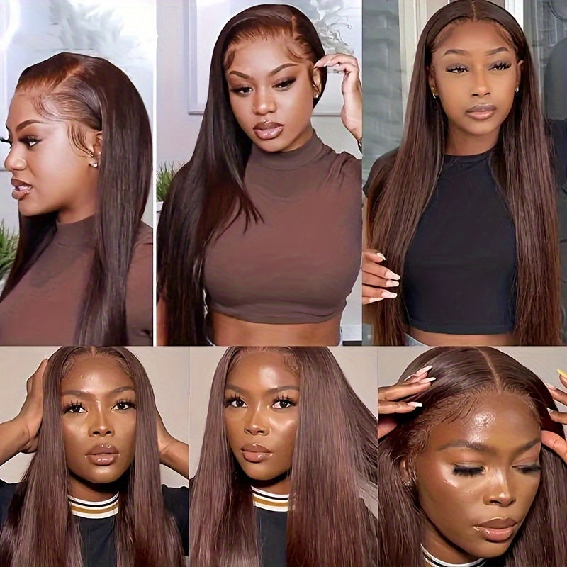250% Density Silk Straight Wigs 100% Brazilian Human Hair 13*6 HD Transparent Lace Deep Parting Pre Plucked Natural Hairline Chocolate Brown Straight Human Hair #4 Color Wig Suitable For All Women